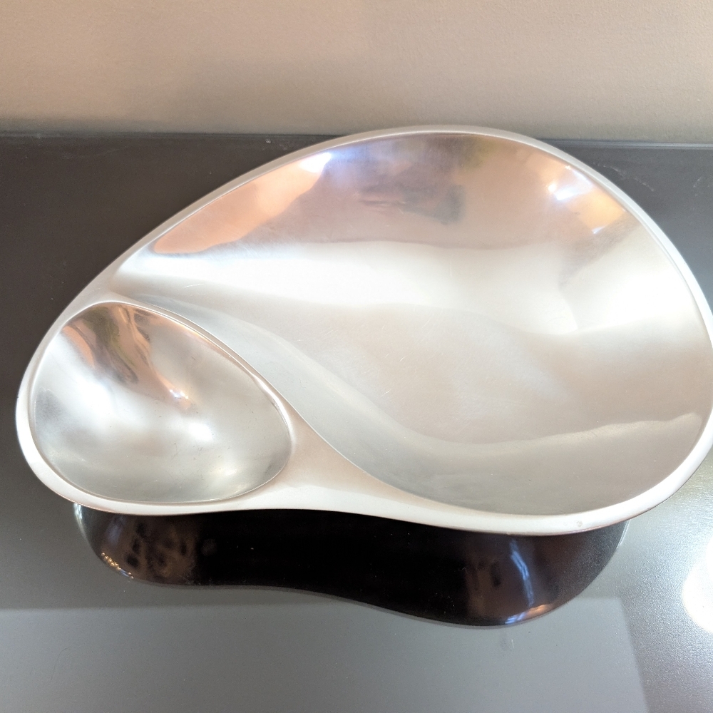 Vtg Nambe Silver Chip Dip Divided Serving Bowl Tray Platter - retains hot & cold